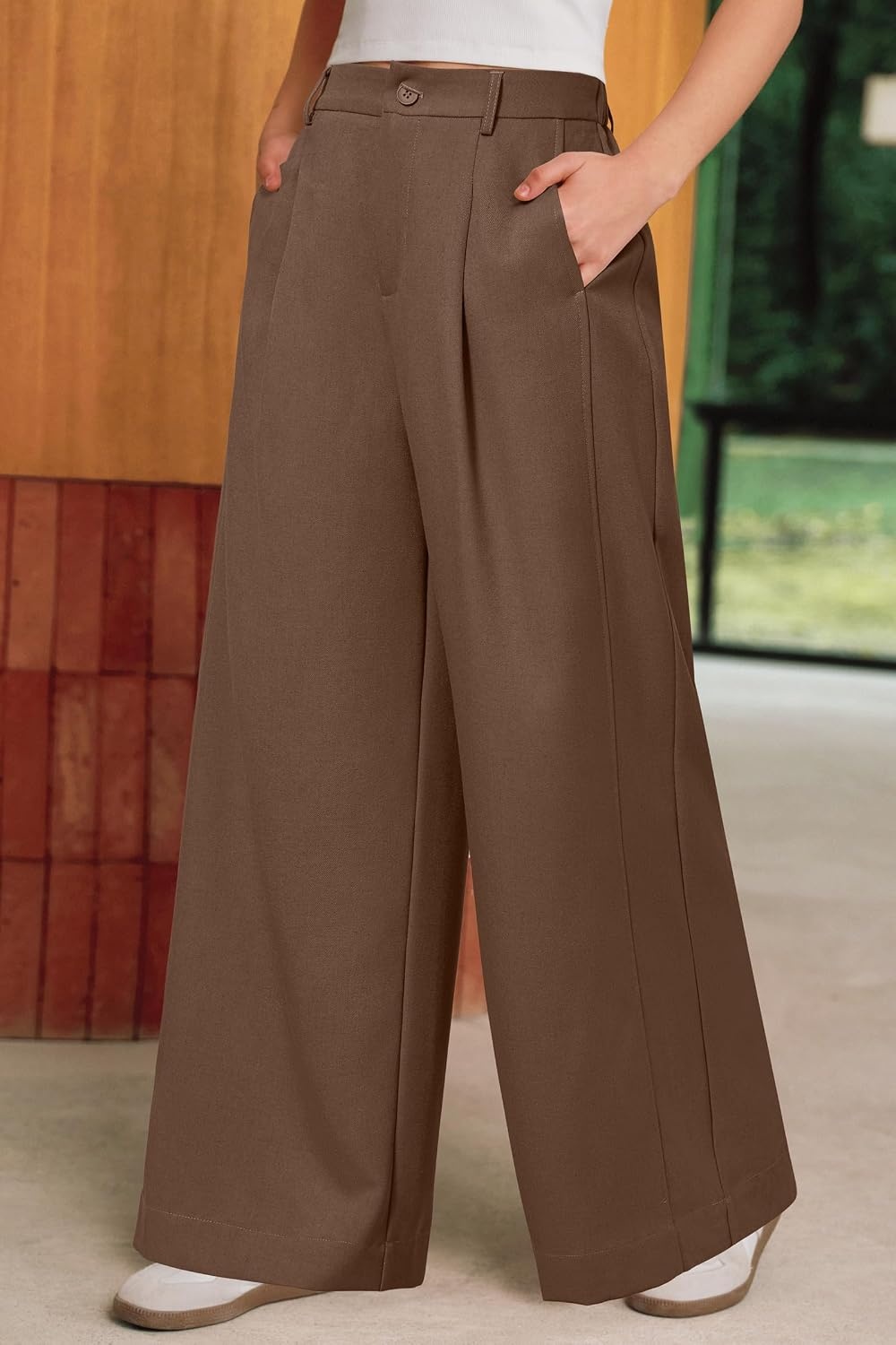 image:imageArachampCloz Womens Linen Blend Wide Leg Pants Fall Business Casual Trousers Breathable linen Blend High Waisted flowy Wide Leg Palazzo Slacks Business Casual Work Teacher Outfits 2026Coffee