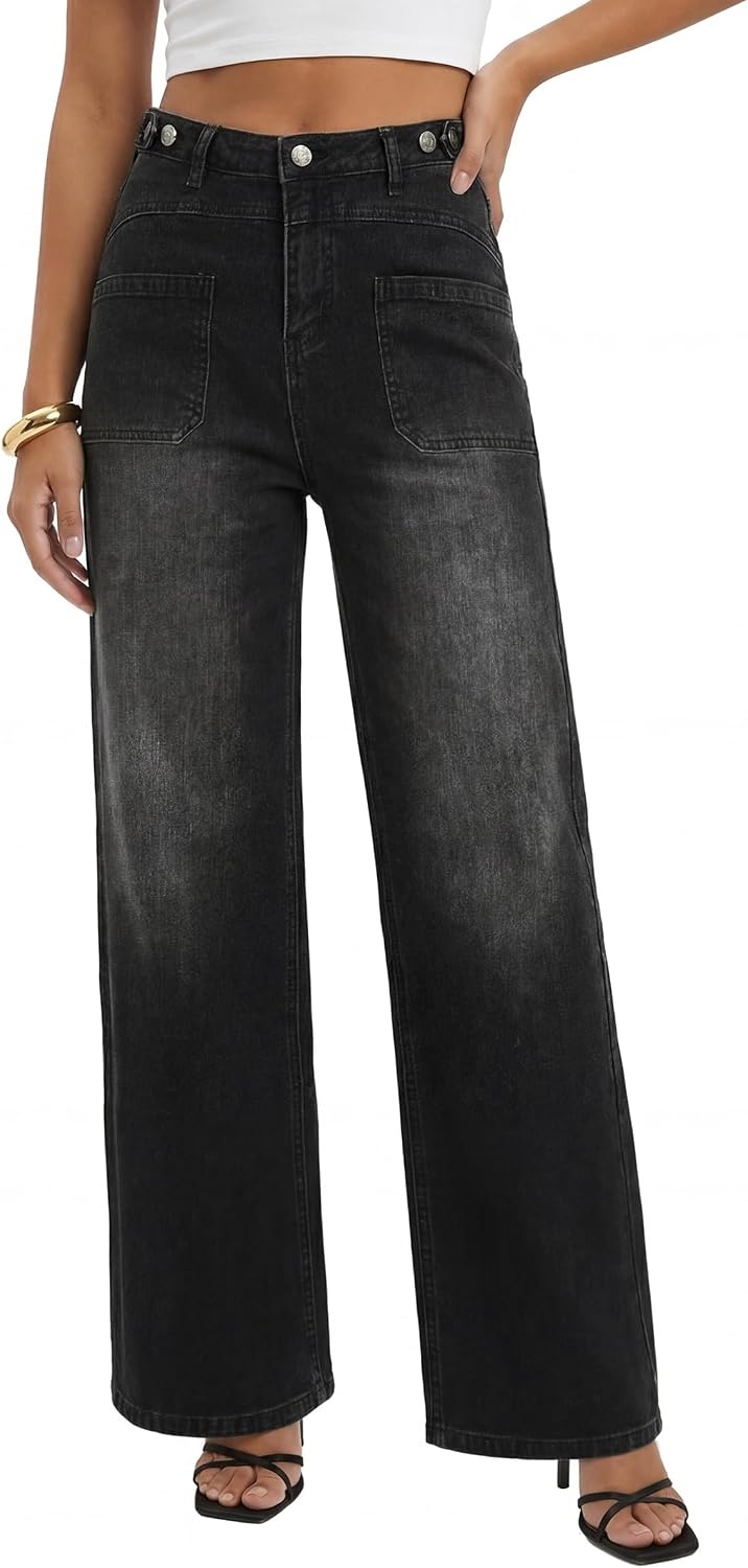 image:imageArachampCloz Womens Lyocell Blend Adjustable Waist Fall Wide Leg Jeans Lyocell Blend Stretchy Denim Adjustable Button Waist High Waist Baggy Straight Wide Leg Jeans Trendy Casual Workwear 2026Black