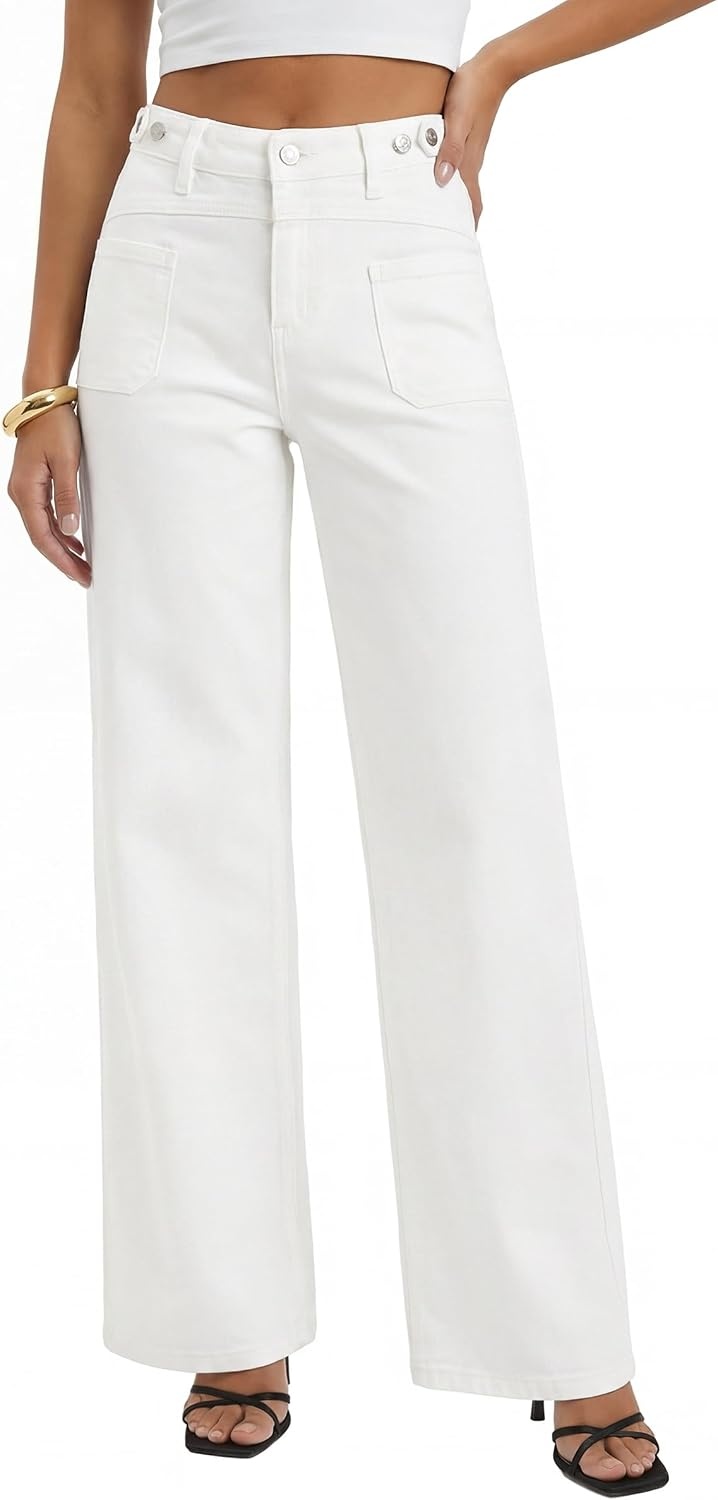 image:imageArachampCloz Womens Lyocell Blend Adjustable Waist Fall Wide Leg Jeans Lyocell Blend Stretchy Denim Adjustable Button Waist High Waist Baggy Straight Wide Leg Jeans Trendy Casual Workwear 2026White
