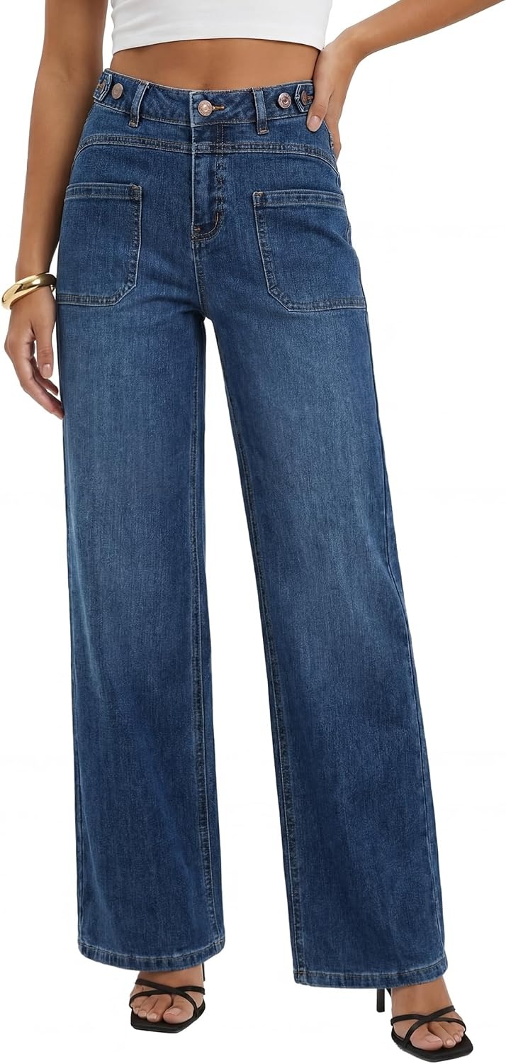 image:imageArachampCloz Womens Lyocell Blend Adjustable Waist Fall Wide Leg Jeans Lyocell Blend Stretchy Denim Adjustable Button Waist High Waist Baggy Straight Wide Leg Jeans Trendy Casual Workwear 2026Dark Blue