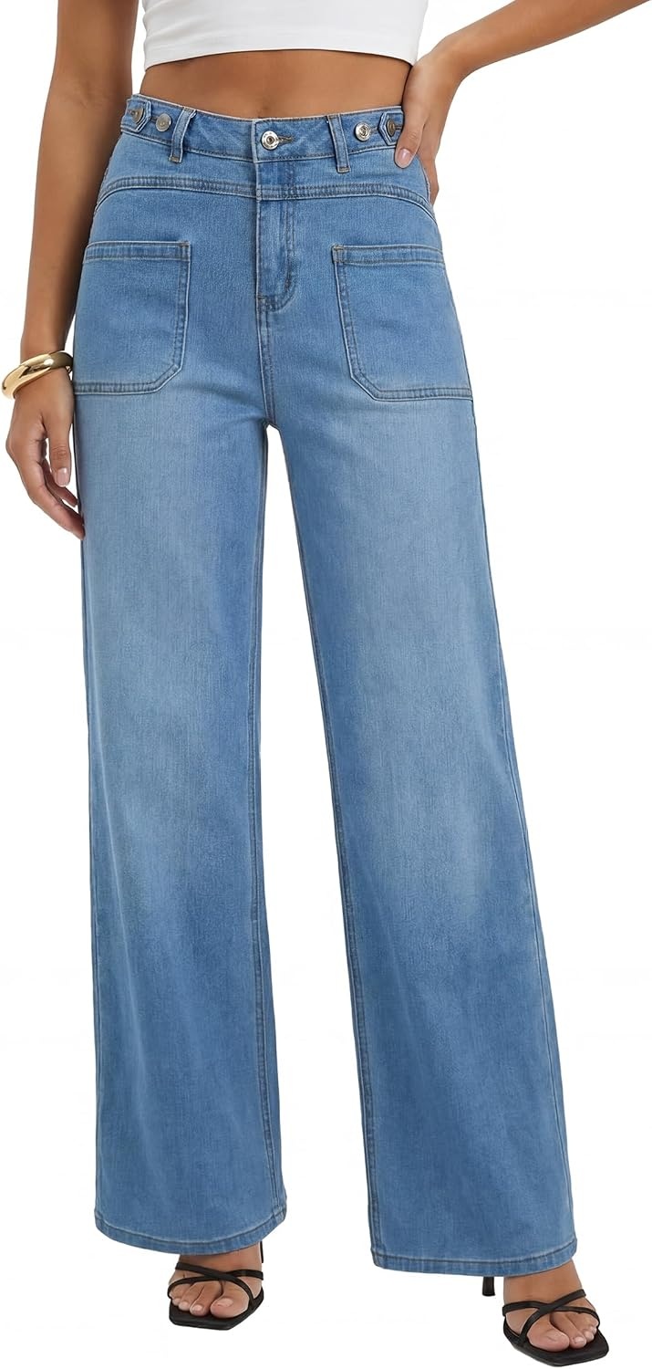 image:imageArachampCloz Womens Lyocell Blend Adjustable Waist Fall Wide Leg Jeans Lyocell Blend Stretchy Denim Adjustable Button Waist High Waist Baggy Straight Wide Leg Jeans Trendy Casual Workwear 2026Light Blue