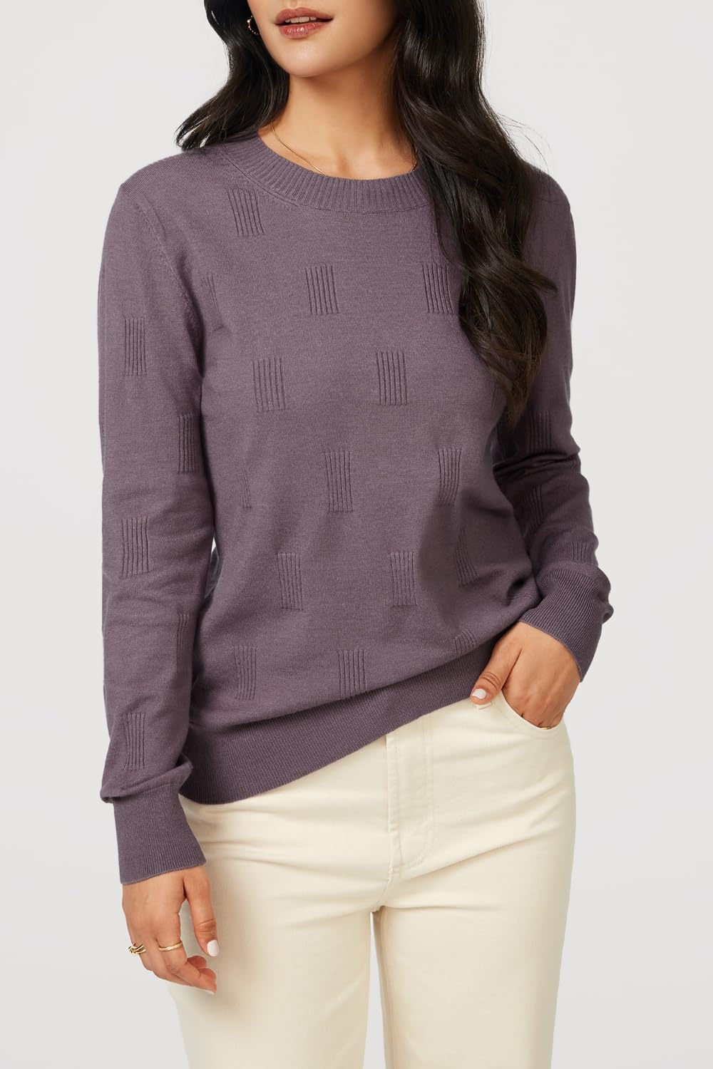 image:imageArachampCloz Womens Soft Knit Fall Winter Sweater Business Casual Basic Tops Lightweight amp Breathable Fabric Long Sleeve Classic Pullover Top Solo amp Layer Outfits Teacher Outfits Office Wear 2026Agray Purple
