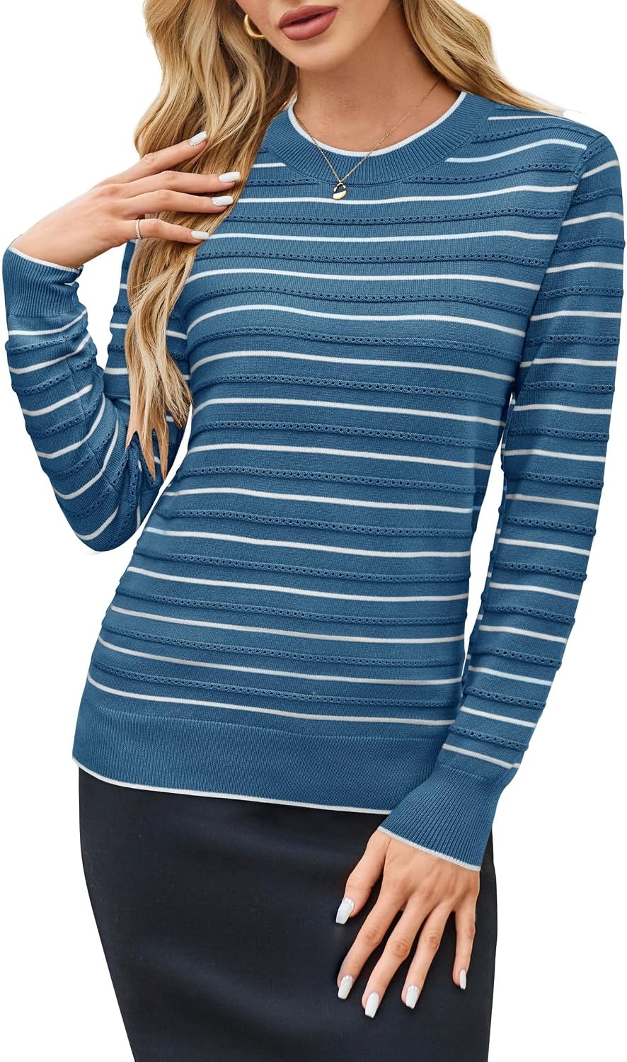 image:imageArachampCloz Womens Soft Knit Fall Winter Sweater Business Casual Basic Tops Lightweight amp Breathable Fabric Long Sleeve Classic Pullover Top Solo amp Layer Outfits Teacher Outfits Office Wear 2026Striped Blue White