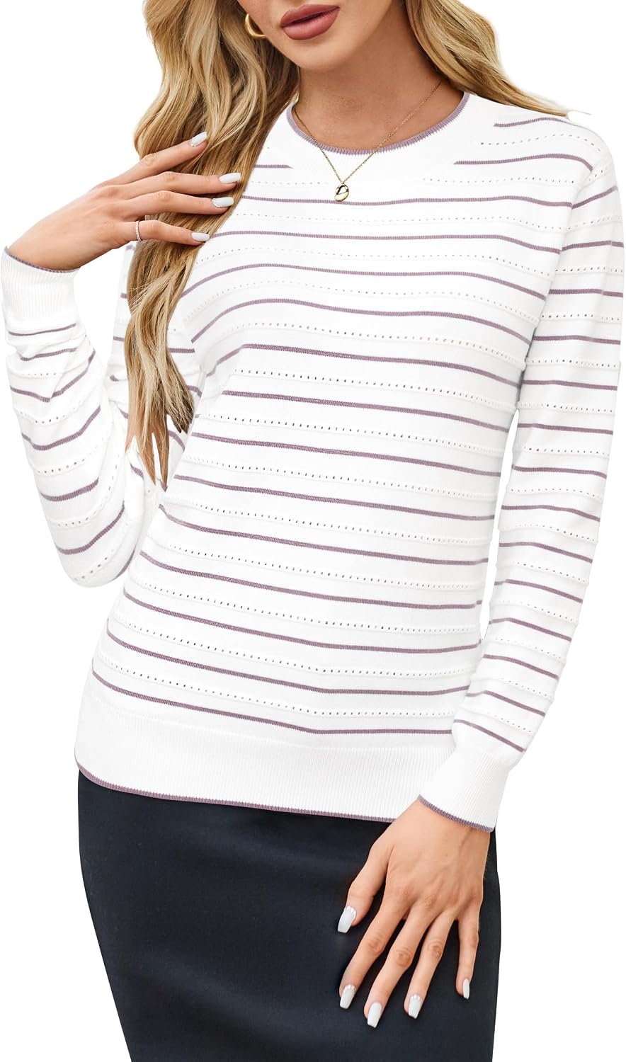 image:imageArachampCloz Womens Soft Knit Fall Winter Sweater Business Casual Basic Tops Lightweight amp Breathable Fabric Long Sleeve Classic Pullover Top Solo amp Layer Outfits Teacher Outfits Office Wear 2026Striped White Purple