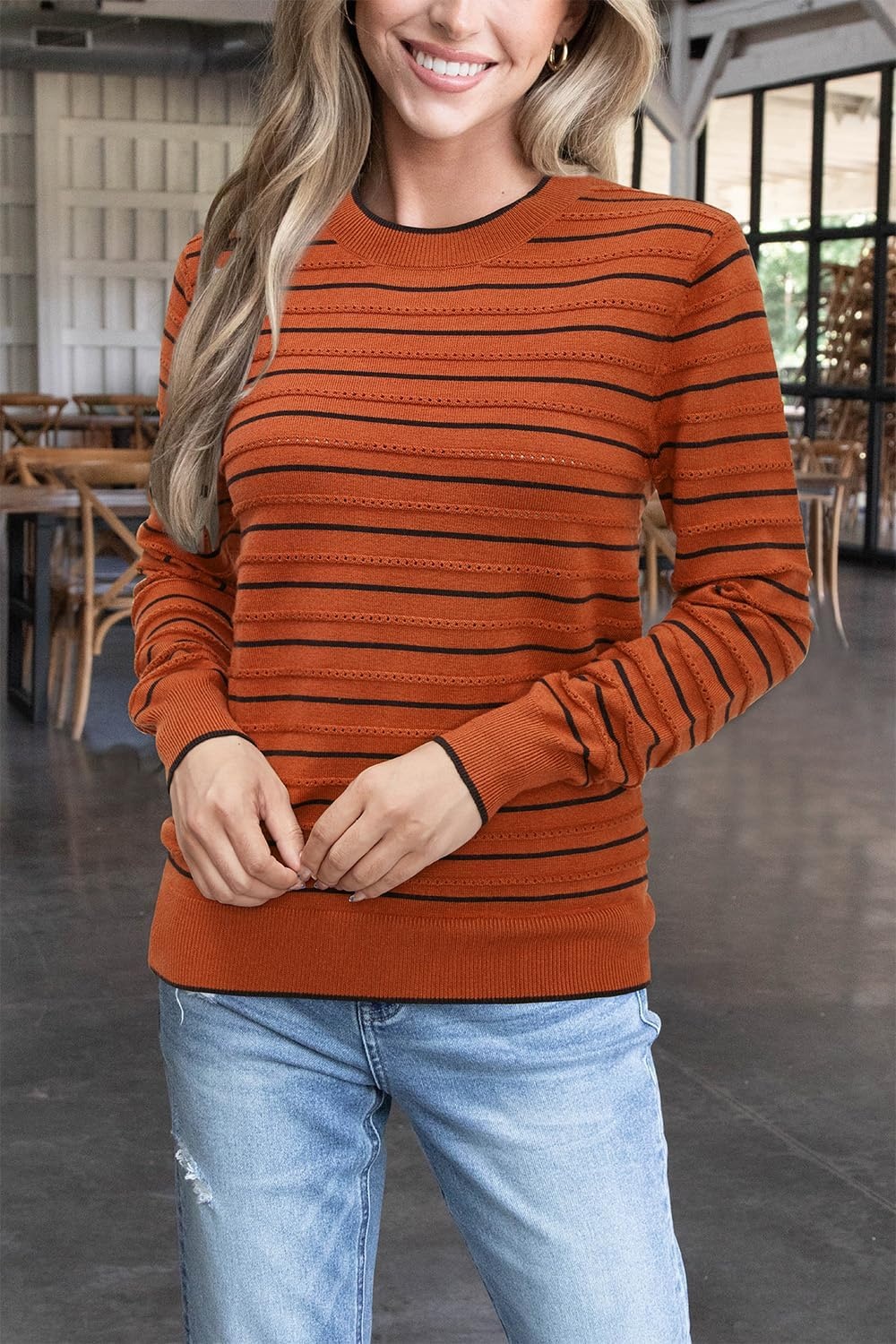image:imageArachampCloz Womens Soft Knit Fall Winter Sweater Business Casual Basic Tops Lightweight amp Breathable Fabric Long Sleeve Classic Pullover Top Solo amp Layer Outfits Teacher Outfits Office Wear 2026Striped Pumpkin Black