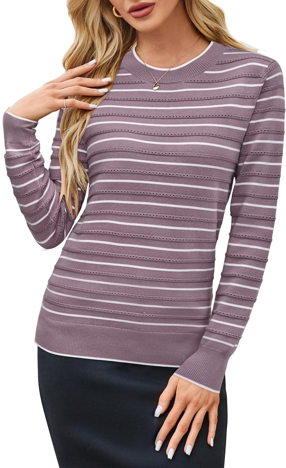 image:imageArachampCloz Womens Soft Knit Fall Winter Sweater Business Casual Basic Tops Lightweight amp Breathable Fabric Long Sleeve Classic Pullover Top Solo amp Layer Outfits Teacher Outfits Office Wear 2026Striped Purple White