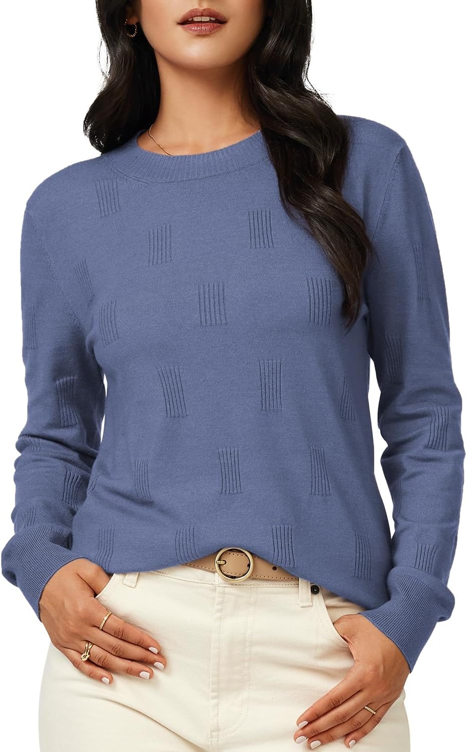 image:imageArachampCloz Womens Soft Knit Fall Winter Sweater Business Casual Basic Tops Lightweight amp Breathable Fabric Long Sleeve Classic Pullover Top Solo amp Layer Outfits Teacher Outfits Office Wear 2026Agrey Blue