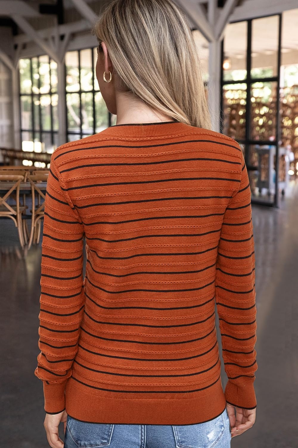 image:imageArachampCloz Womens Soft Knit Fall Winter Sweater Business Casual Basic Tops Lightweight amp Breathable Fabric Long Sleeve Classic Pullover Top Solo amp Layer Outfits Teacher Outfits Office Wear 2026Striped Pumpkin Black