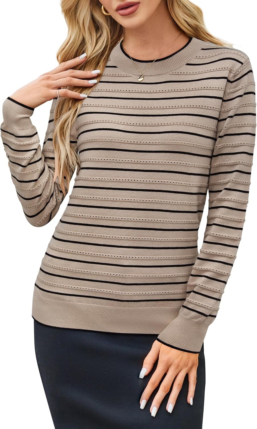 image:imageArachampCloz Womens Soft Knit Fall Winter Sweater Business Casual Basic Tops Lightweight amp Breathable Fabric Long Sleeve Classic Pullover Top Solo amp Layer Outfits Teacher Outfits Office Wear 2026Striped Taupe Black