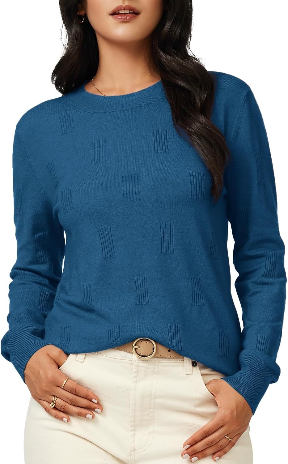 image:imageArachampCloz Womens Soft Knit Fall Winter Sweater Business Casual Basic Tops Lightweight amp Breathable Fabric Long Sleeve Classic Pullover Top Solo amp Layer Outfits Teacher Outfits Office Wear 2026Ablue