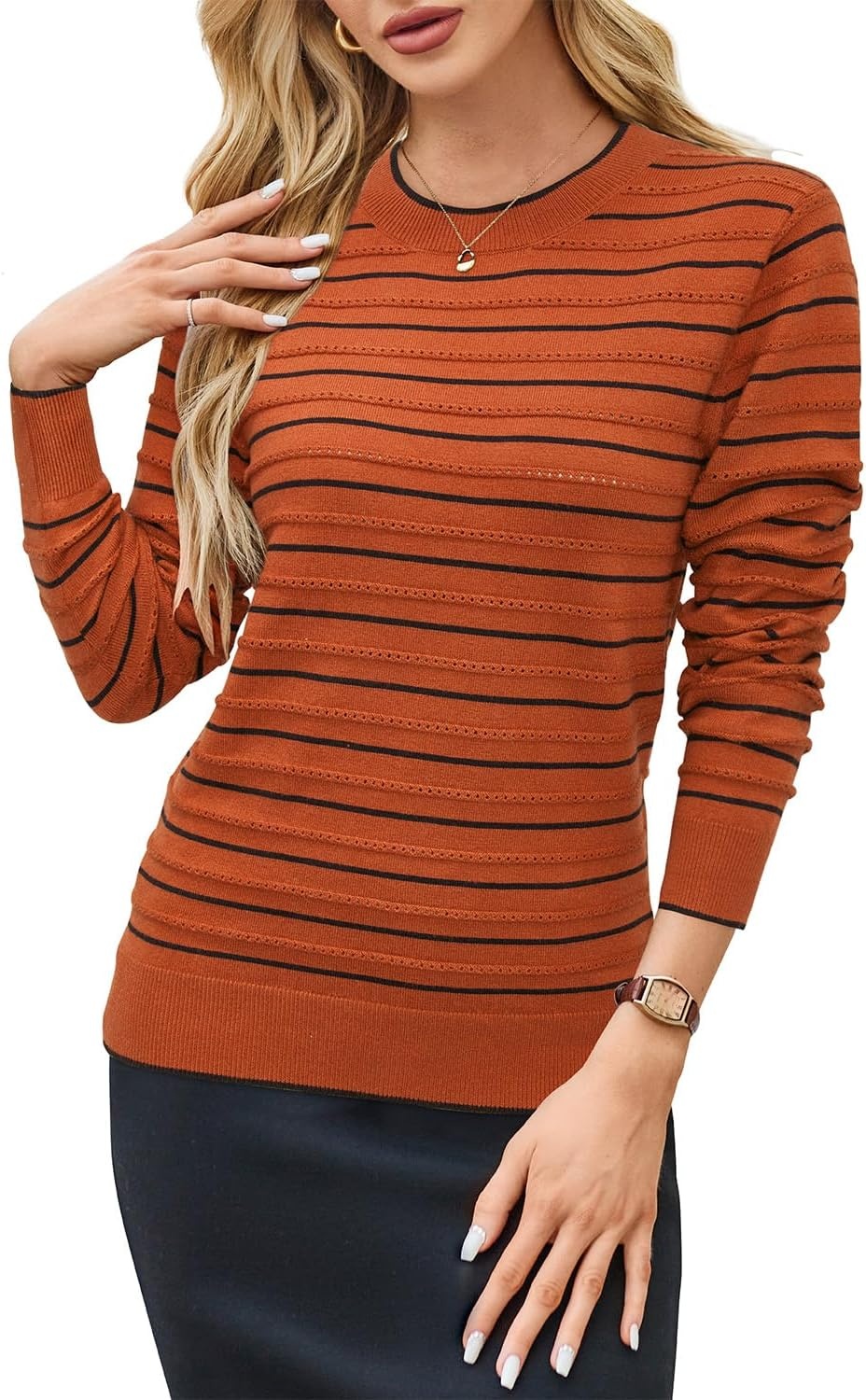 image:imageArachampCloz Womens Soft Knit Fall Winter Sweater Business Casual Basic Tops Lightweight amp Breathable Fabric Long Sleeve Classic Pullover Top Solo amp Layer Outfits Teacher Outfits Office Wear 2026Striped Pumpkin Black