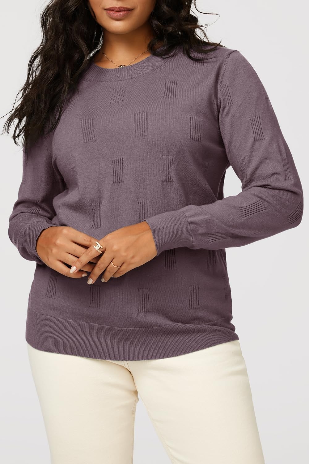 image:imageArachampCloz Womens Soft Knit Fall Winter Sweater Business Casual Basic Tops Lightweight amp Breathable Fabric Long Sleeve Classic Pullover Top Solo amp Layer Outfits Teacher Outfits Office Wear 2026Agray Purple