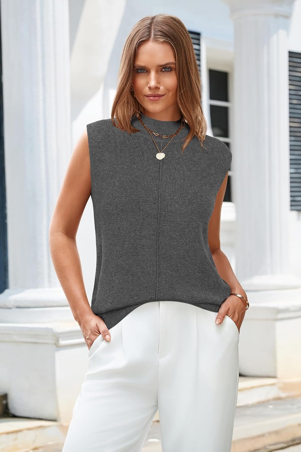 image:imageArachampCloz Womens Wool Blend Mock Neck Summer Sweater Vest Work Tops 2026 BreathableampSoft Fabric Sleeveless Sweater Tank Relaxed Fit Workwear Business Casual Teacher Work Outfits 2026Dark Grey