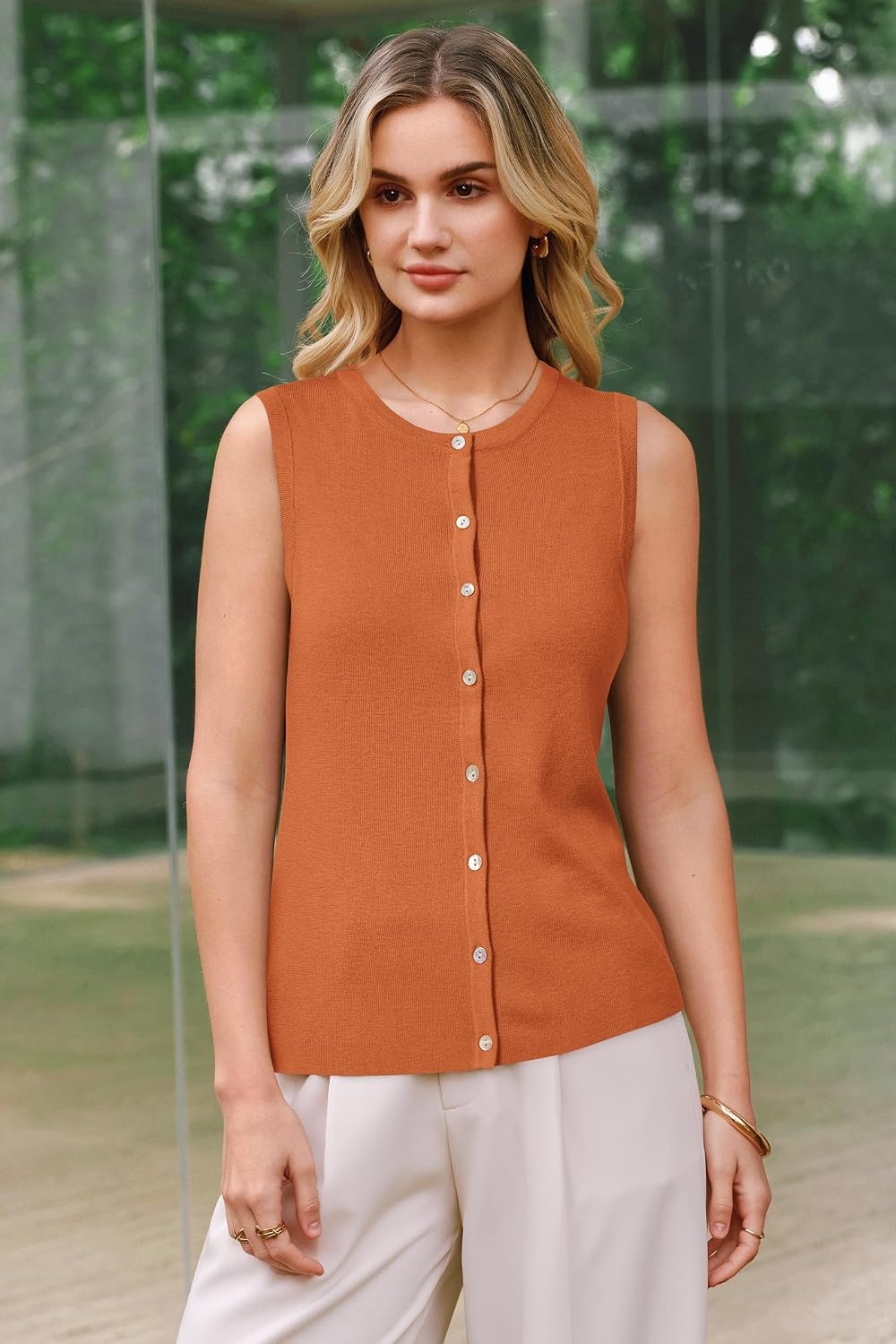 image:imageArachampCloz Womens Wool Blend Non See Through Button Down Casual Tank Tops Sleeveless Top Crew Neck Fall Outfits Work to Weekend BreathableampSoft LightweightampFlattering ComfortableampStylishDark Orange