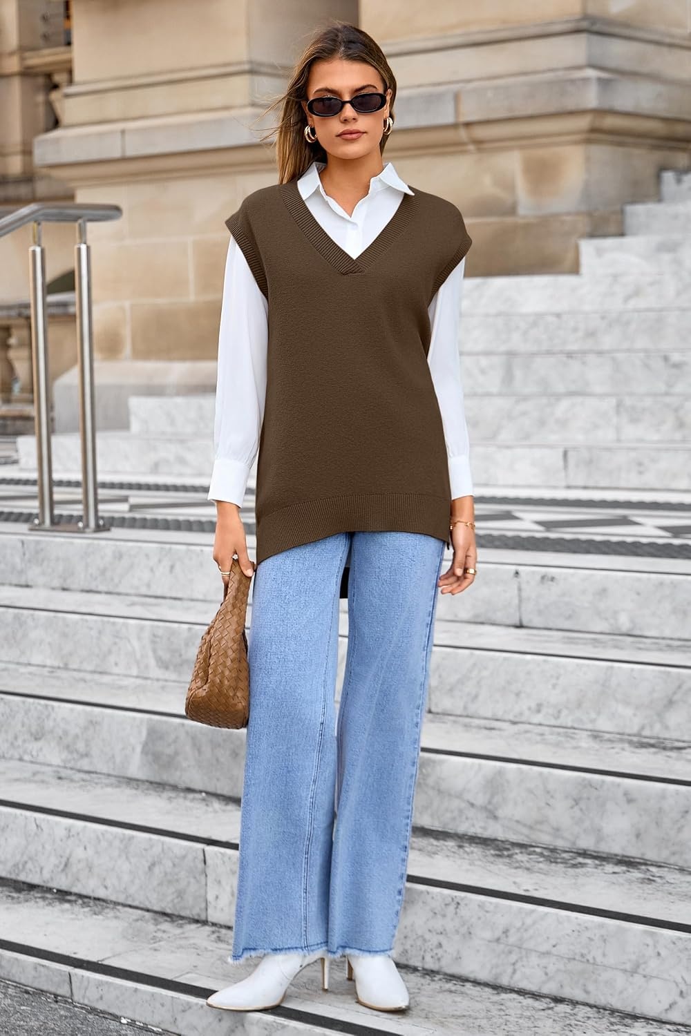 image:imageArachampCloz Womens Wool Blend Side Slit High Low Versatile V Neck Fall Sweater Vests 2025Brown