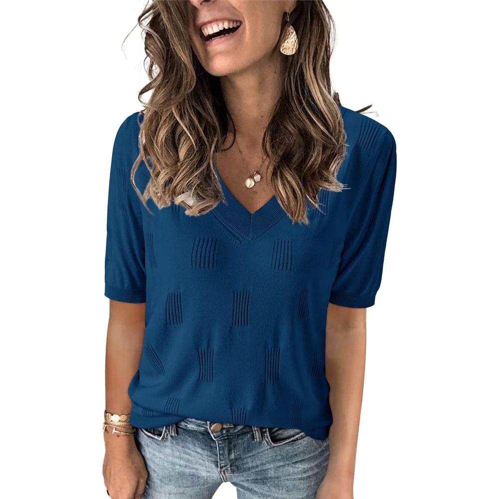 image:imageArachampCloz Womens Lightweight Summer Short Sleeve Sweater Top Shirt Blouse  Soft amp Breathable Antipilling FigureFriendly V Neck Pullover Work amp Business Casual Tops Fall Spring Teacher OutiftsAzdark Blue