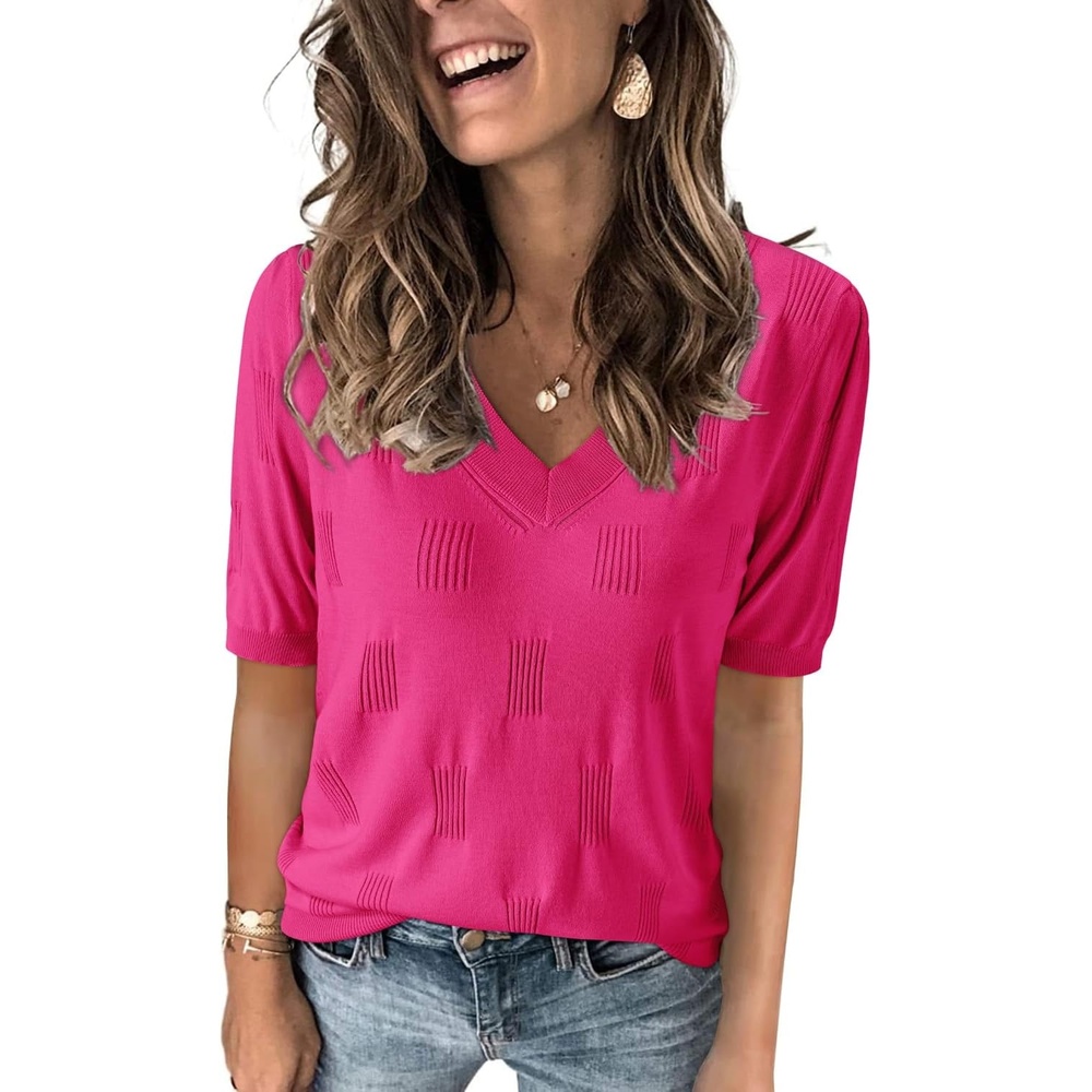 image:imageArachampCloz Womens Lightweight Summer Short Sleeve Sweater Top Shirt Blouse  Soft amp Breathable Antipilling FigureFriendly V Neck Pullover Work amp Business Casual Tops Fall Spring Teacher OutiftsHot Pink