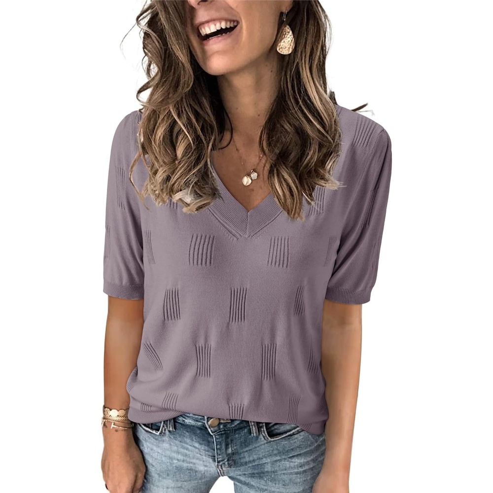image:imageArachampCloz Womens Lightweight Summer Short Sleeve Sweater Top Shirt Blouse  Soft amp Breathable Antipilling FigureFriendly V Neck Pullover Work amp Business Casual Tops Fall Spring Teacher OutiftsAzgrey Purple