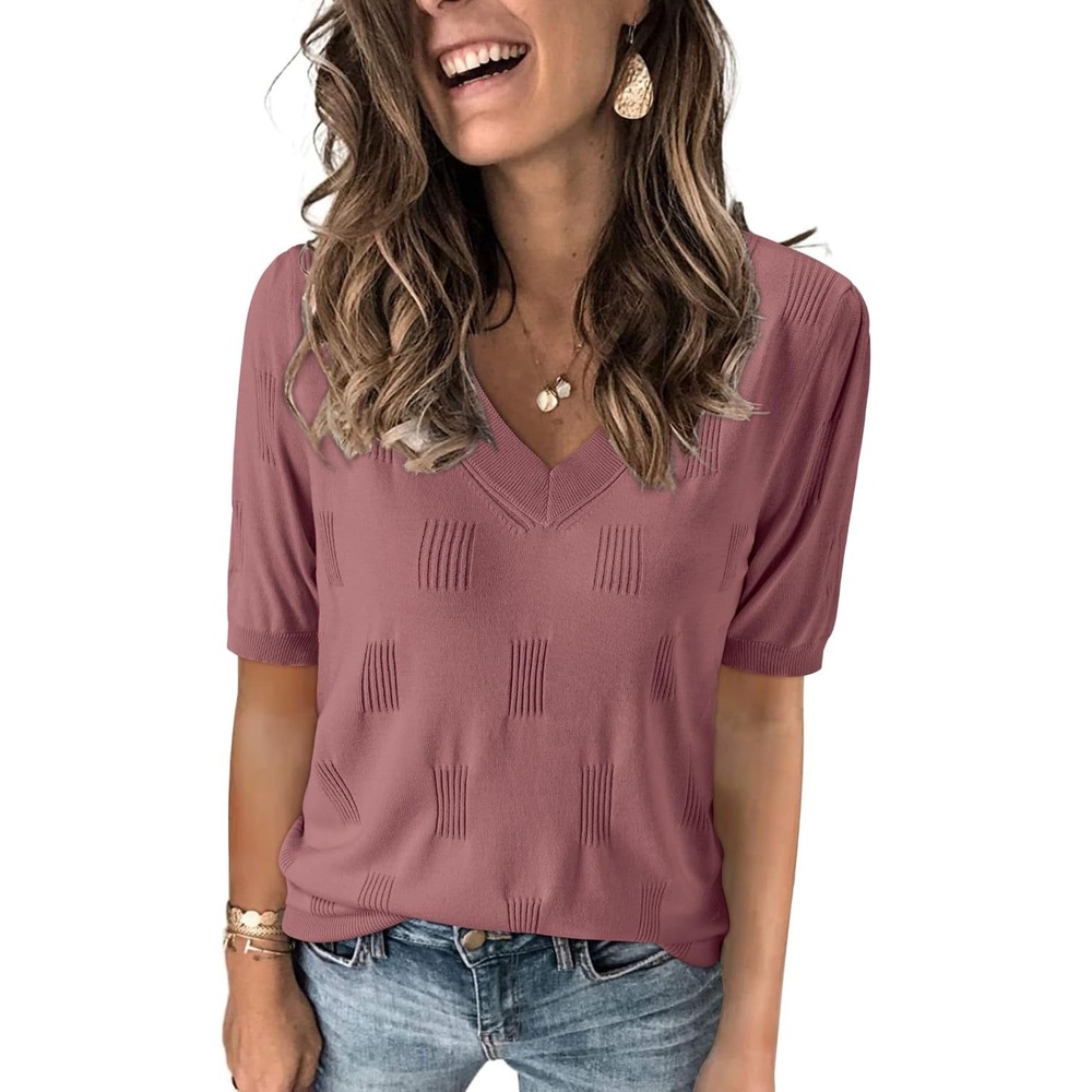 image:imageArachampCloz Womens Lightweight Summer Short Sleeve Sweater Top Shirt Blouse  Soft amp Breathable Antipilling FigureFriendly V Neck Pullover Work amp Business Casual Tops Fall Spring Teacher OutiftsDusty Rose