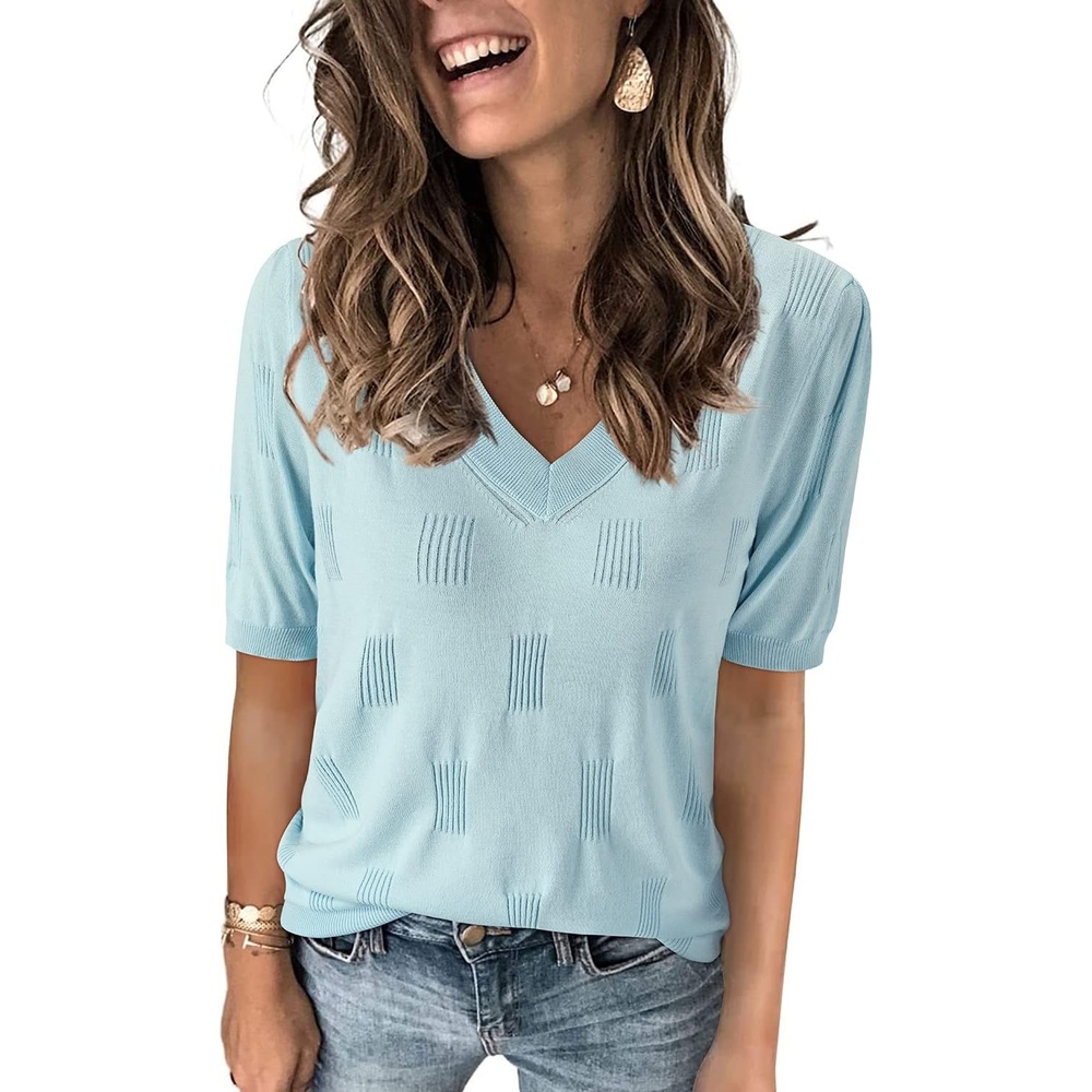 image:imageArachampCloz Womens Lightweight Summer Short Sleeve Sweater Top Shirt Blouse Soft amp Breathable Antipilling FigureFriendly V Neck Pullover Work amp Business Casual Tops Fall Spring Teacher OutiftsAzlight Blue