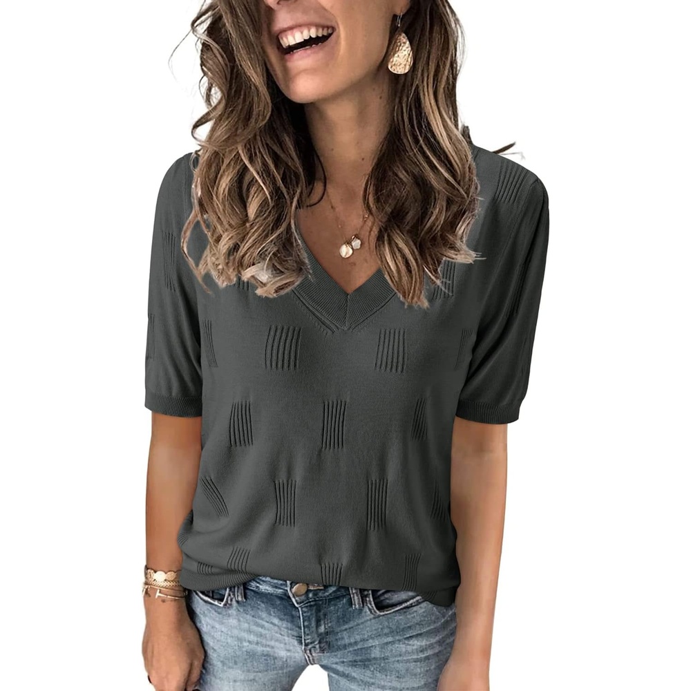 image:imageArachampCloz Womens Lightweight Summer Short Sleeve Sweater Top Shirt Blouse  Soft amp Breathable Antipilling FigureFriendly V Neck Pullover Work amp Business Casual Tops Fall Spring Teacher OutiftsAzdark Grey