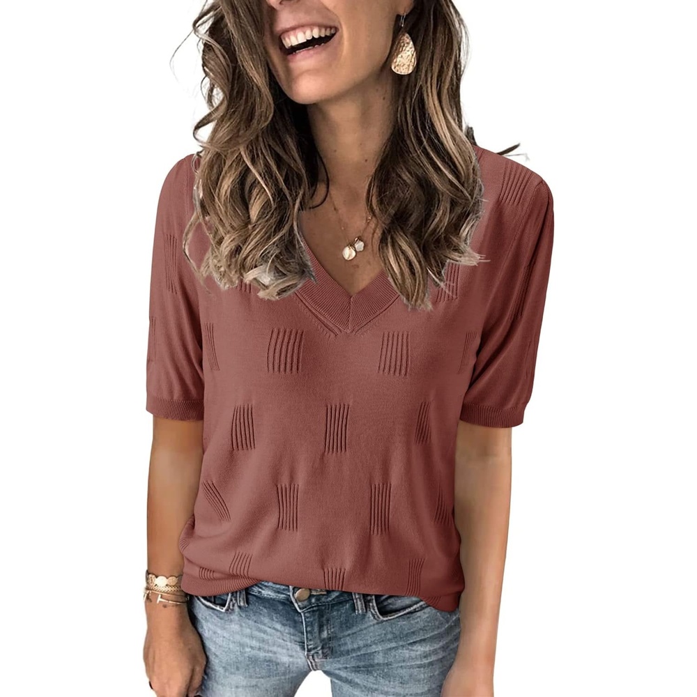 image:imageArachampCloz Womens Lightweight Summer Short Sleeve Sweater Top Shirt Blouse  Soft amp Breathable Antipilling FigureFriendly V Neck Pullover Work amp Business Casual Tops Fall Spring Teacher OutiftsAzdusty Red