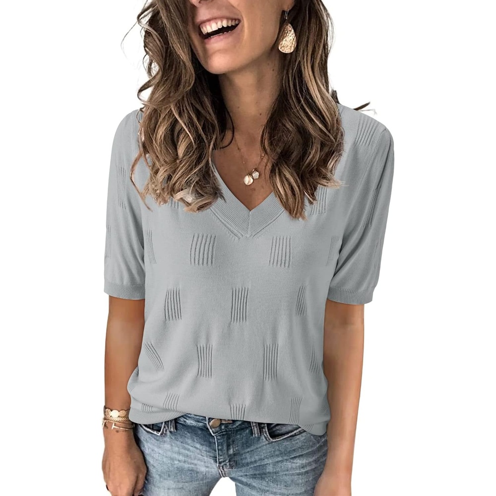 image:imageArachampCloz Womens Lightweight Summer Short Sleeve Sweater Top Shirt Blouse Soft amp Breathable Antipilling FigureFriendly V Neck Pullover Work amp Business Casual Tops Fall Spring Teacher OutiftsAzlight Grey