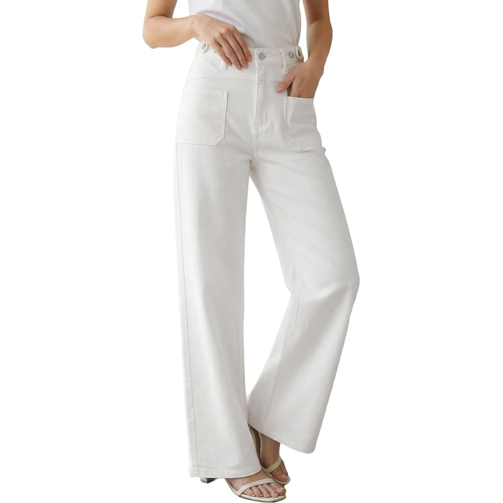 image:imageArachampCloz Womens Lyocell Blend Adjustable Waist Fall Wide Leg Jeans Lyocell Blend Stretchy Denim Adjustable Button Waist High Waist Baggy Straight Wide Leg Jeans Trendy Casual Workwear 2026White