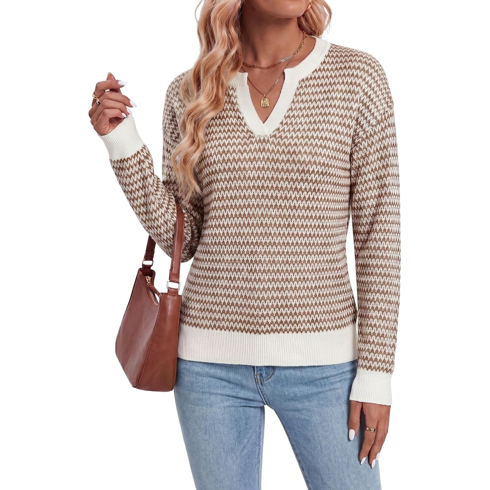 image:imageArachampCloz Womens Polo Striped Long Sleeve Casual Sweaters Breathable Tops 100 Cotton Lightweight Knit V Neck Pullover Relaxed Fit WorkampBusiness Casual Outfits Fashion Clothing Summer Fall 2026Caramel