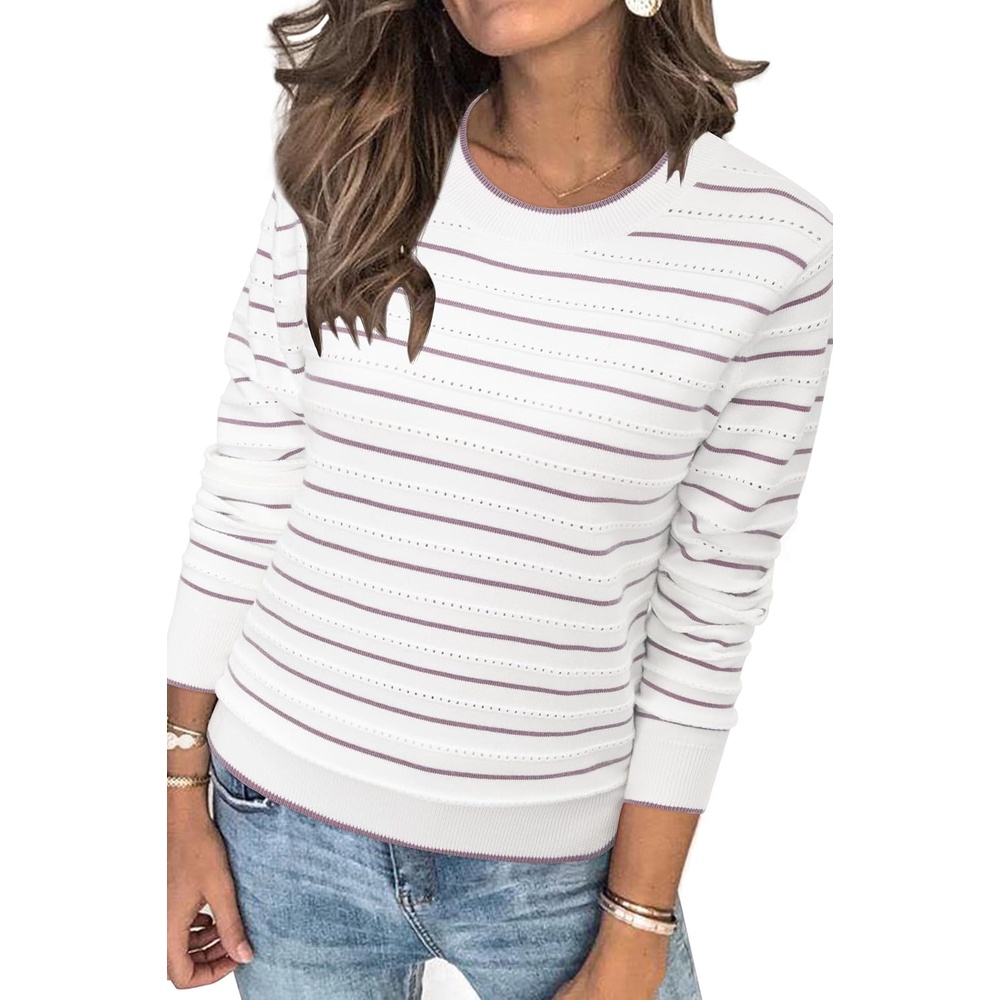 image:imageArachampCloz Womens Soft Knit Fall Winter Sweater Business Casual Basic Tops Lightweight amp Breathable Fabric Long Sleeve Classic Pullover Top Solo amp Layer Outfits Teacher Outfits Office Wear 2026Striped White Purple
