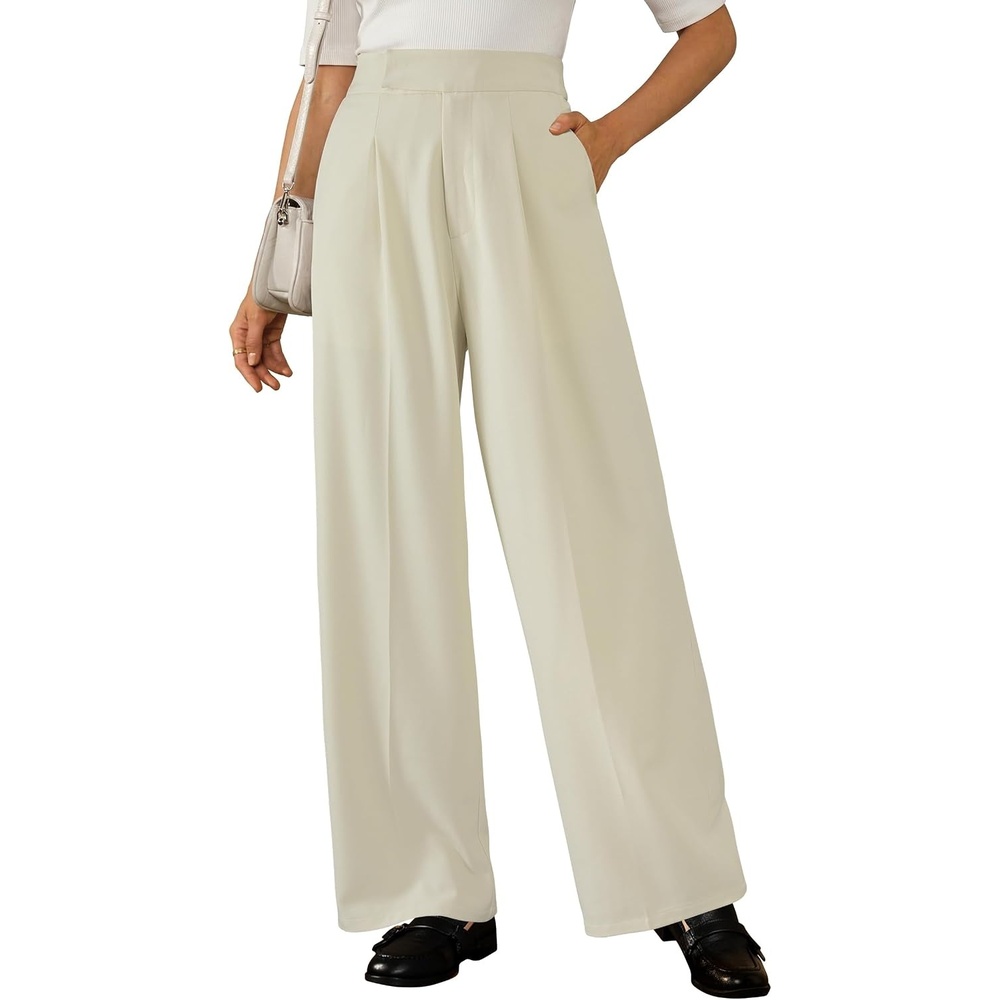 image:imageArachampCloz Womens Wide Leg All Season Business Casual Dress Pants  Wrinkle Free High Waisted Pleated Wide Leg Pants With Pocket Petite Regular LengthOffwhite