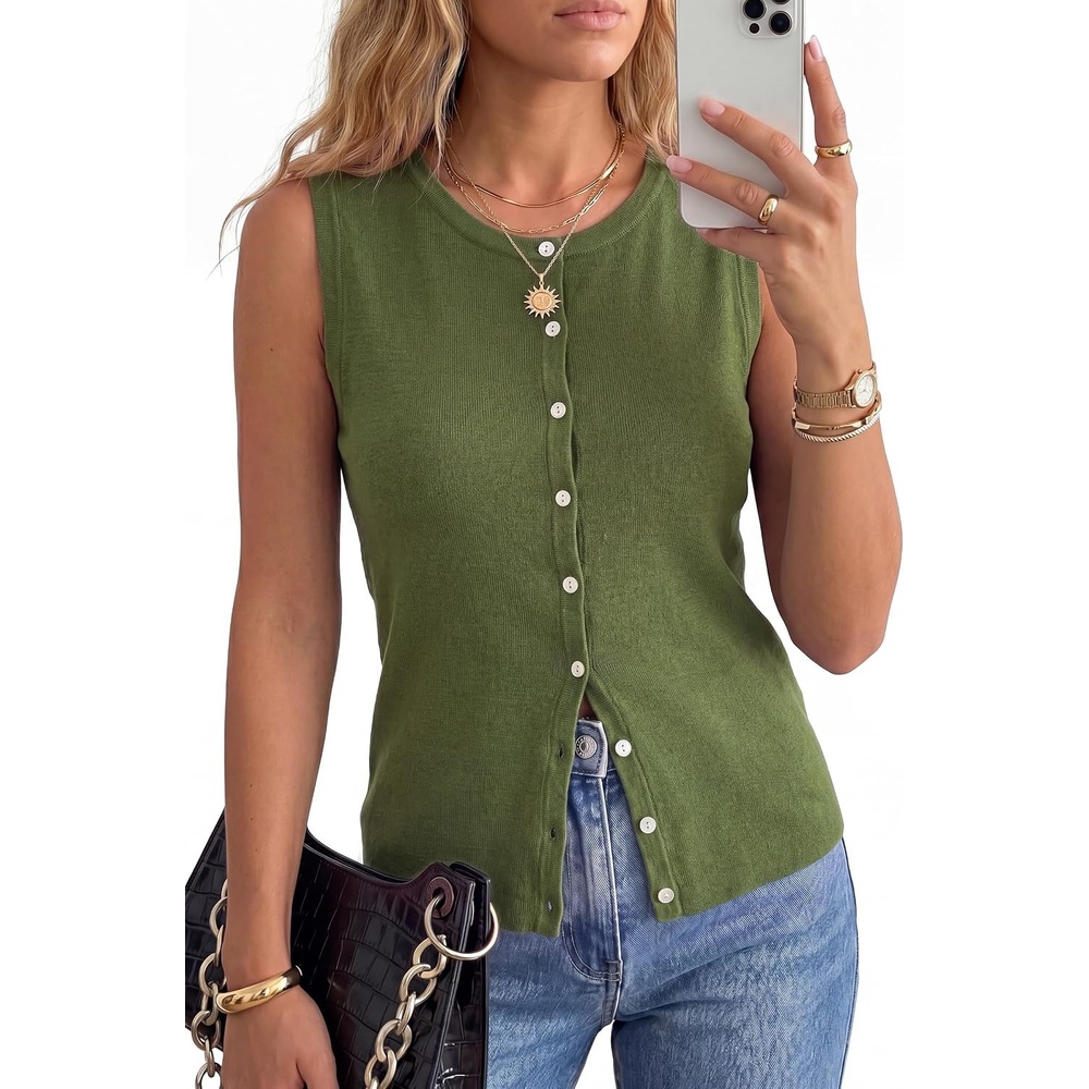 image:imageArachampCloz Womens Wool Blend Non See Through Button Down Casual Tank Tops Sleeveless Top Crew Neck Fall Outfits Work to Weekend BreathableampSoft LightweightampFlattering ComfortableampStylishOlive Green