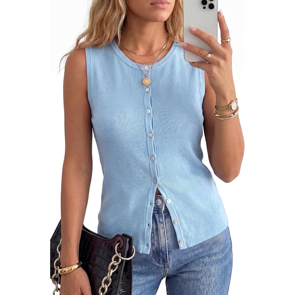 image:imageArachampCloz Womens Wool Blend Non See Through Button Down Casual Tank Tops Sleeveless Top Crew Neck Fall Outfits Work to Weekend BreathableampSoft LightweightampFlattering ComfortableampStylishLight Blue