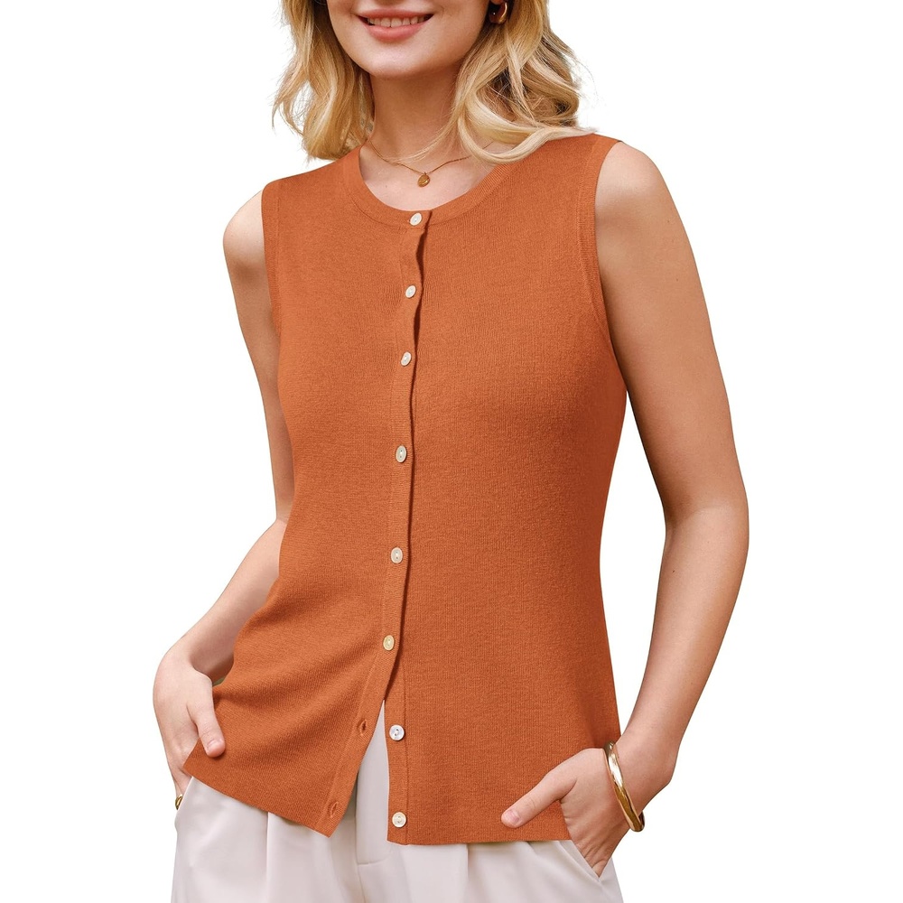 image:imageArachampCloz Womens Wool Blend Non See Through Button Down Casual Tank Tops  Sleeveless Top Crew Neck Fall Outfits Work to Weekend BreathableampSoft LightweightampFlattering ComfortableampStylishDark Orange