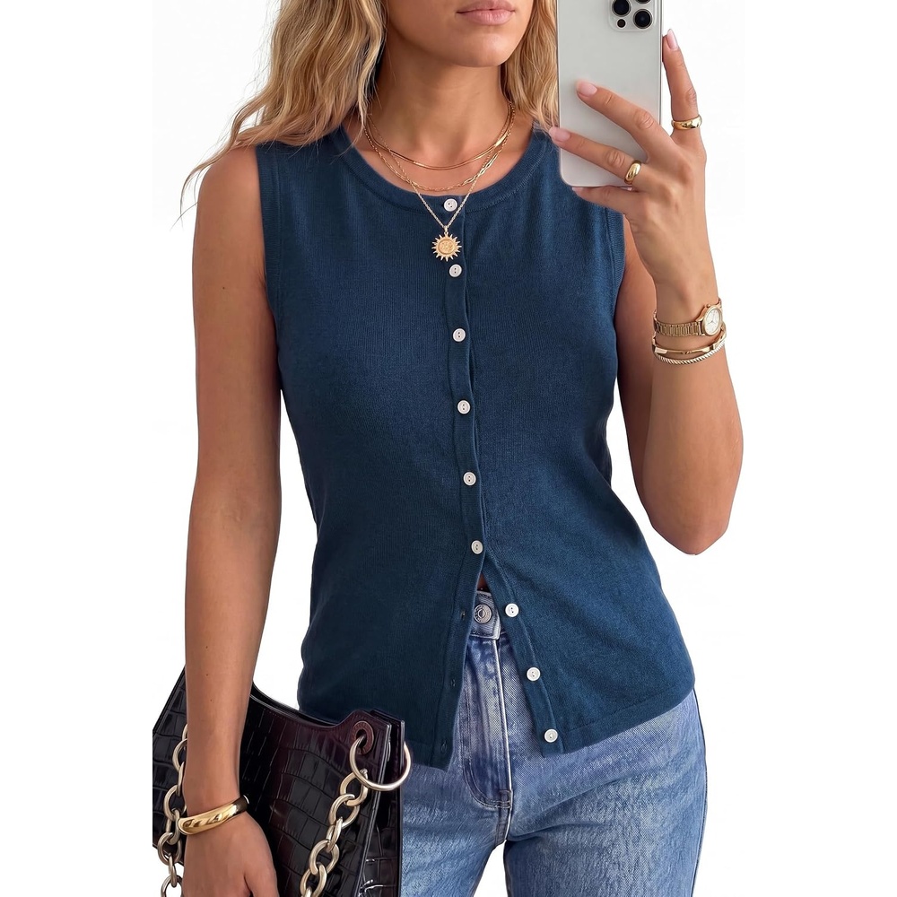 image:imageArachampCloz Womens Wool Blend Non See Through Button Down Casual Tank Tops Sleeveless Top Crew Neck Fall Outfits Work to Weekend BreathableampSoft LightweightampFlattering ComfortableampStylishDark Blue