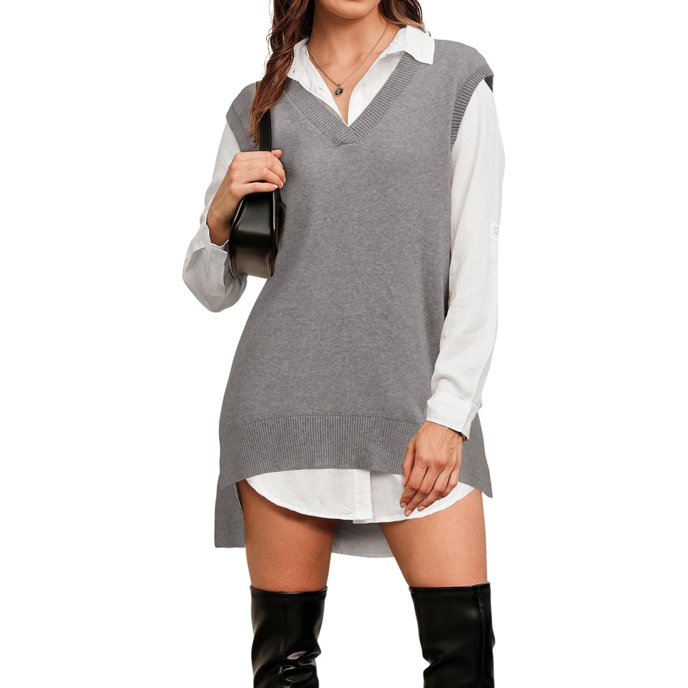 image:imageArachampCloz Womens Wool Blend Side Slit High Low Versatile V Neck Fall Sweater Vests 2025Grey