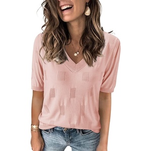 Arach&Cloz Women’s Lightweight Summer Short Sleeve Sweater Top Shirt Blouse | Soft & Breathable, Anti-pilling, Figure-Friendly V Neck Pullover, Work & Business Casual Tops, Fall Spring Teacher Outifts(Az-pink)