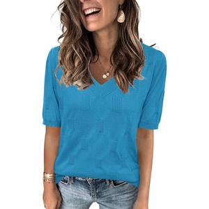 Arach&Cloz Women’s Lightweight Summer Short Sleeve Sweater Top Shirt Blouse | Soft & Breathable, Anti-pilling, Figure-Friendly V Neck Pullover, Work & Business Casual Tops, Fall Spring Teacher Outifts(B-lake Blue)