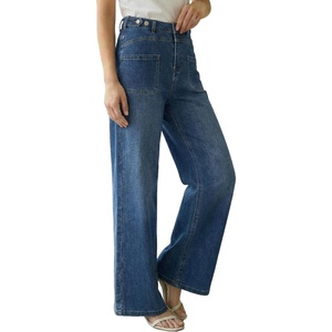 Arach&Cloz Women’s Lyocell Blend Adjustable Waist Fall Wide Leg Jeans | Lyocell Blend Stretchy Denim Adjustable Button Waist High Waist Baggy Straight Wide Leg Jeans Trendy Casual Workwear 2026(Blue)