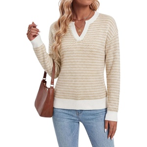 Arach&Cloz Women’s Polo Striped Long Sleeve Casual Sweaters Breathable Tops | 100% Cotton, Lightweight Knit, V Neck Pullover, Relaxed Fit, Work&Business Casual Outfits, Fashion Clothing, Summer Fall 2026(Apricot)