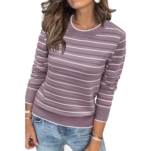 Arach&Cloz Women’s Soft Knit Fall Winter Sweater Business Casual Basic Tops | Lightweight & Breathable Fabric, Long Sleeve, Classic Pullover Top, Solo & Layer Outfits, Teacher Outfits, Office Wear 2026(Striped Purple White)
