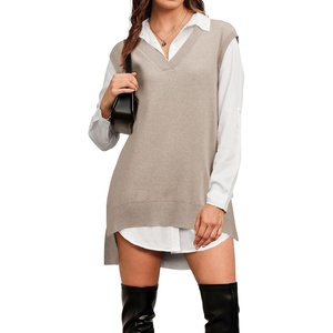 Arach&Cloz Women’s Wool Blend Side Slit High Low Versatile V Neck Fall Sweater Vests 2025(Apricot Oatmeal)