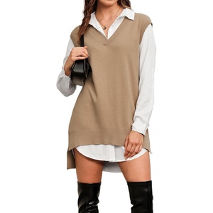 Arach&Cloz Women’s Wool Blend Side Slit High Low Versatile V Neck Fall Sweater Vests 2025(Khaki)