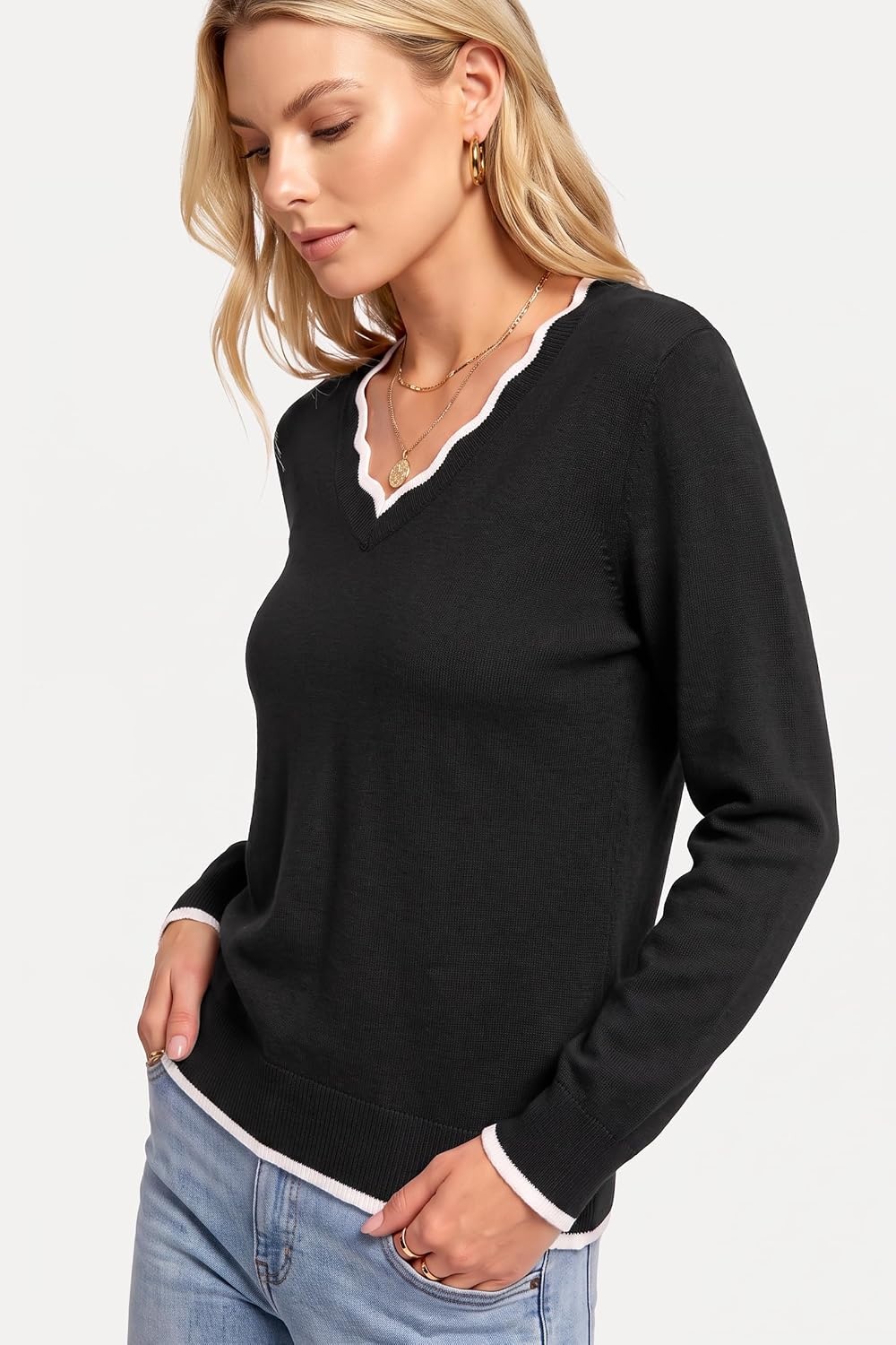 image:imageArachampCloz Womens 2026 Fall V Neck Sweaters Pullover Long Sleeve Knit TopsBlack