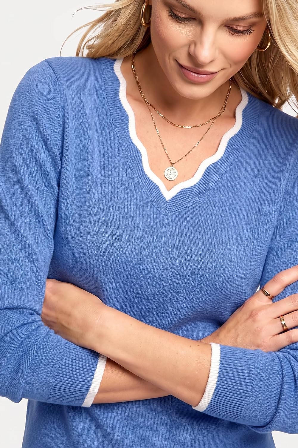 image:imageArachampCloz Womens 2026 Fall V Neck Sweaters Pullover Long Sleeve Knit TopsBlue