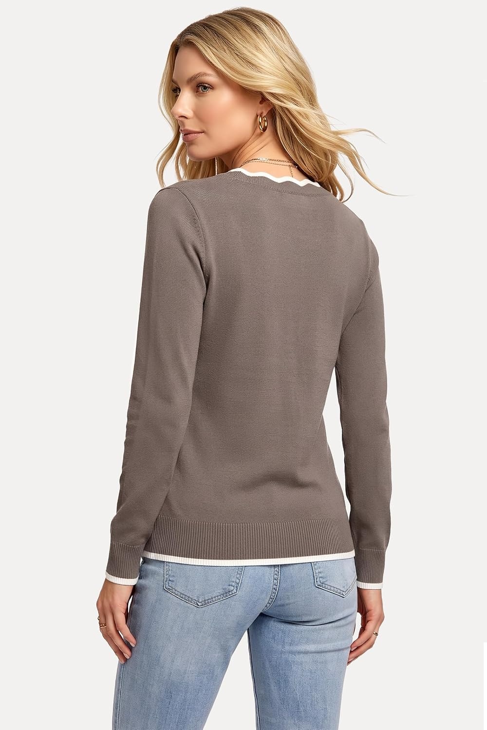image:imageArachampCloz Womens 2026 Fall V Neck Sweaters Pullover Long Sleeve Knit TopsCoffee