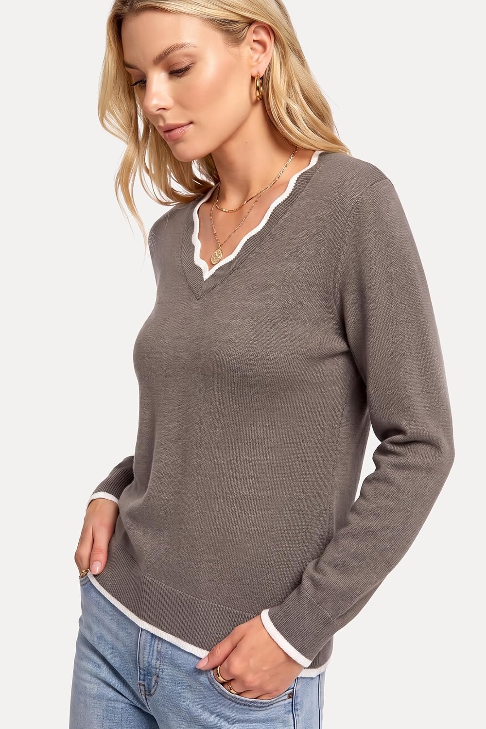 image:imageArachampCloz Womens 2026 Fall V Neck Sweaters Pullover Long Sleeve Knit TopsCoffee