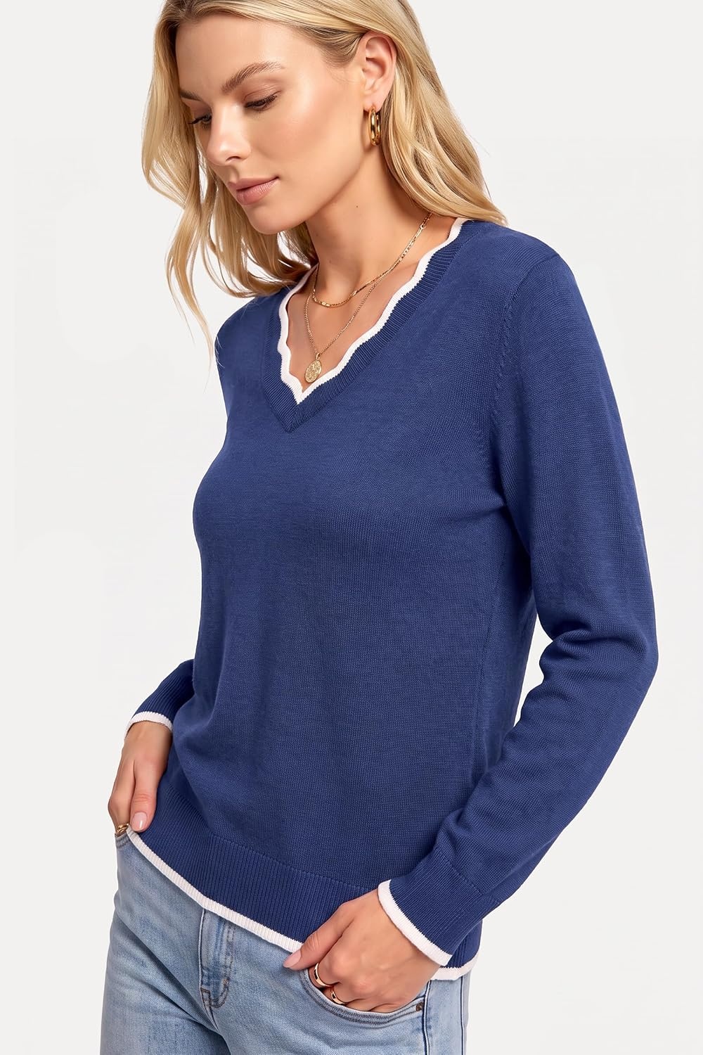 image:imageArachampCloz Womens 2026 Fall V Neck Sweaters Pullover Long Sleeve Knit TopsNavy