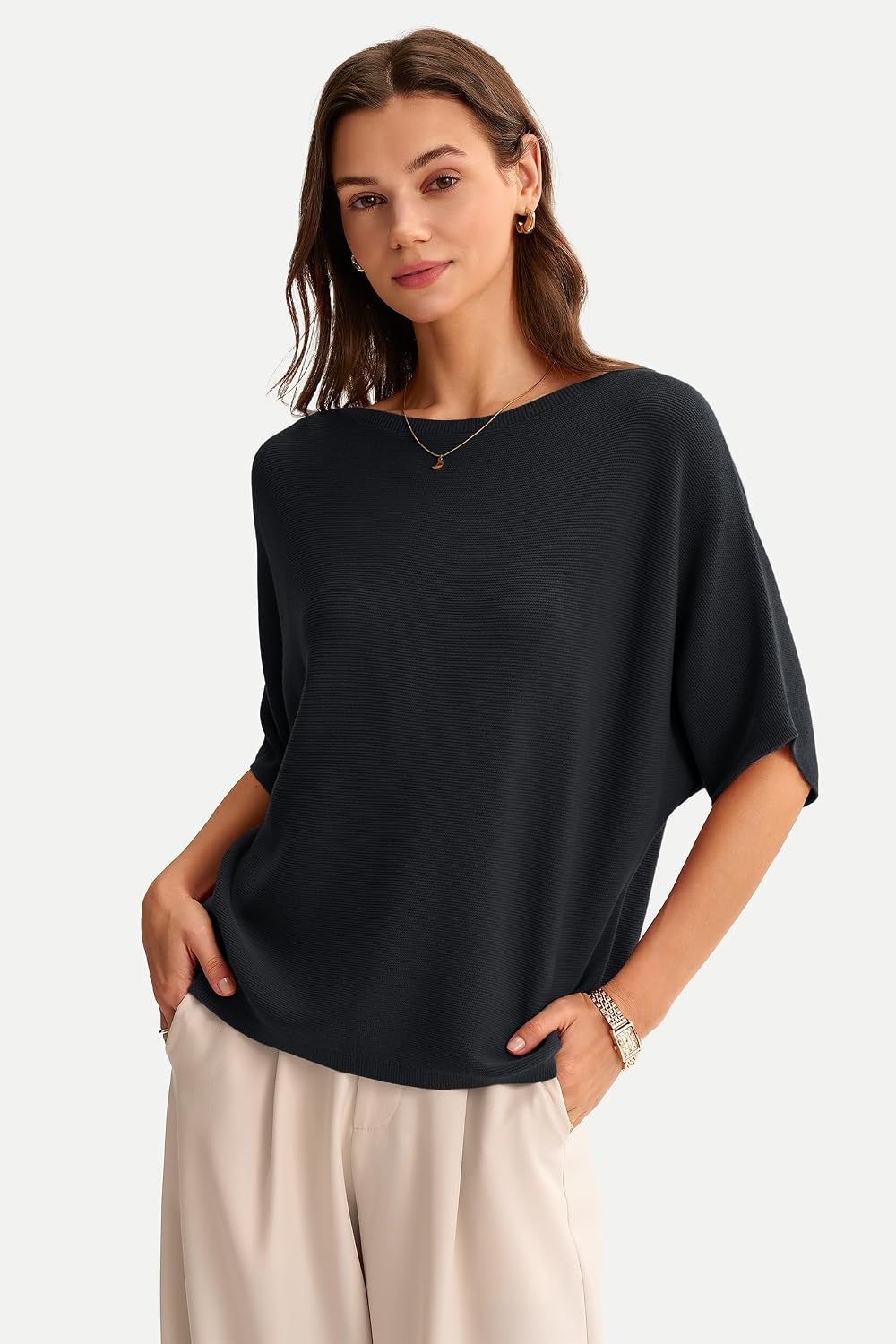 image:imageArachampCloz Womens Oversized Batwing Sleeve Business Casual Sweater TopsBlack