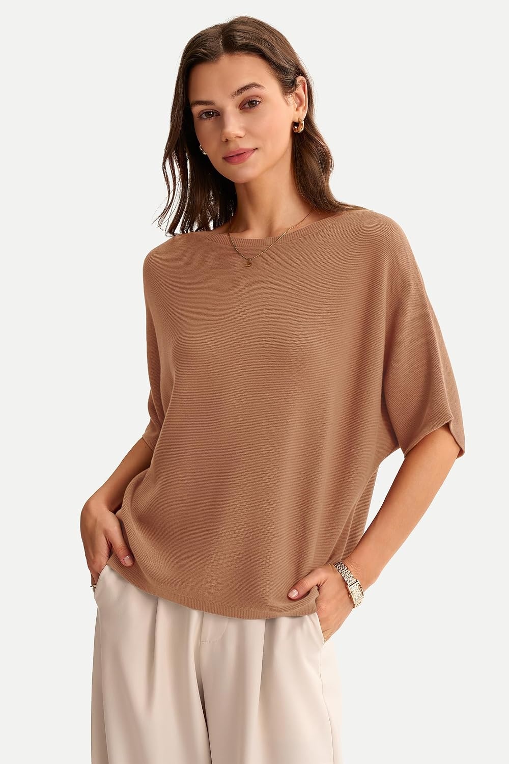 image:imageArachampCloz Womens Oversized Batwing Sleeve Business Casual Sweater TopsCaramel